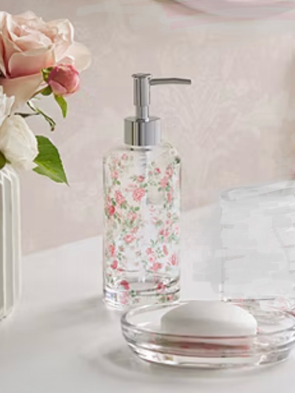 Laura Ashley Pink Floral Glass Pump Dispenser and Soap Dish Set